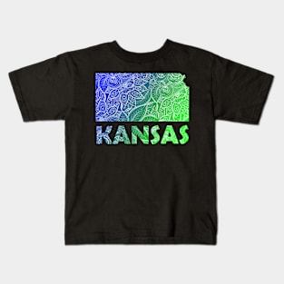 Colorful mandala art map of Kansas with text in blue and green Kids T-Shirt